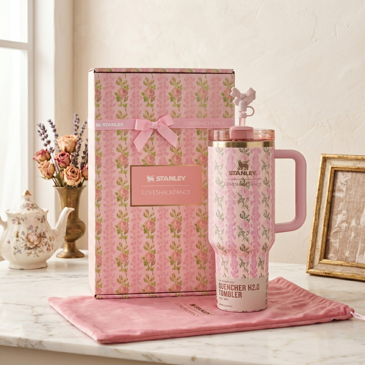 Stanley x LoveShackFancy Quencher 40 oz Tumbler – Pink Butterfly Gift Box